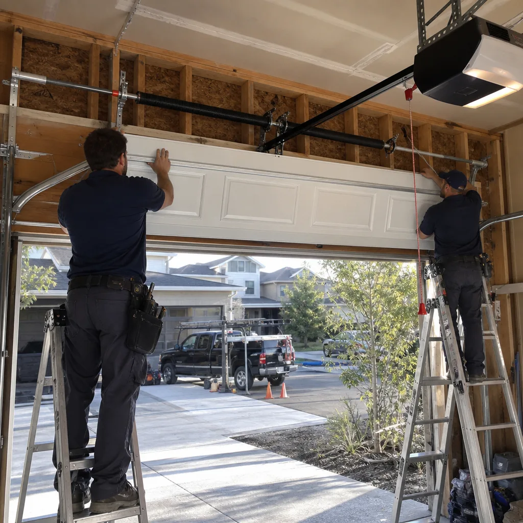 Two professional technicians performing a residential garage door installation on ladders.