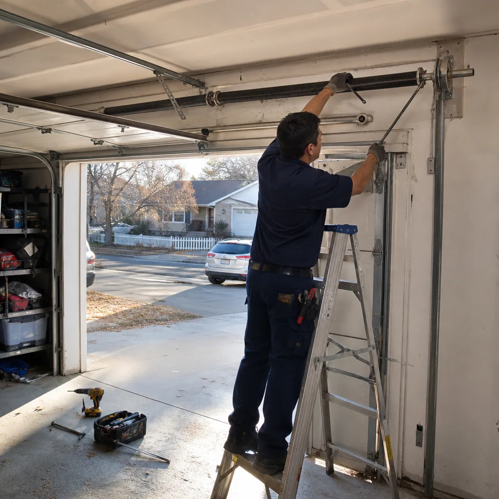 Technician performing professional garage door spring repair on a ladder