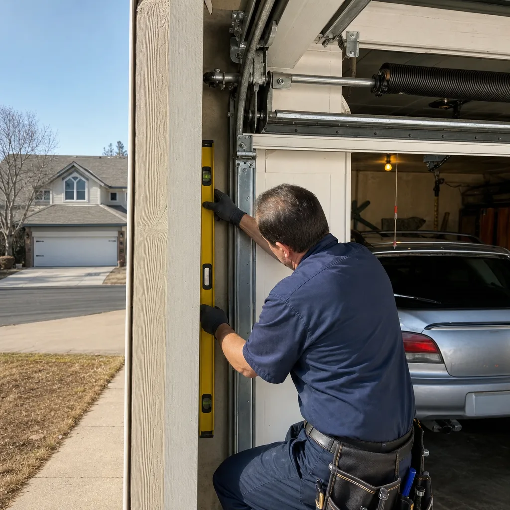 Technician checking garage door frame alignment with a level